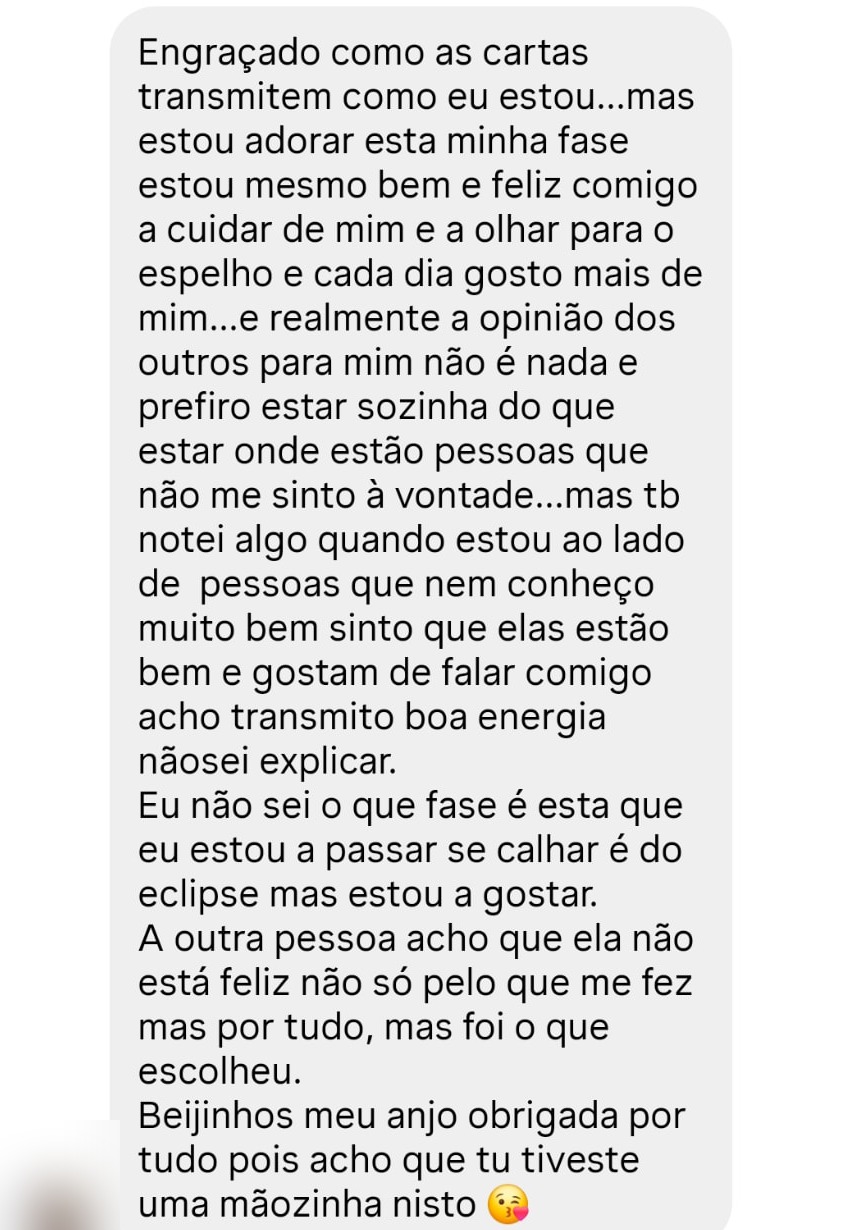 Mensagem de uma cliente sobre autoestima e uma nova fase emocional