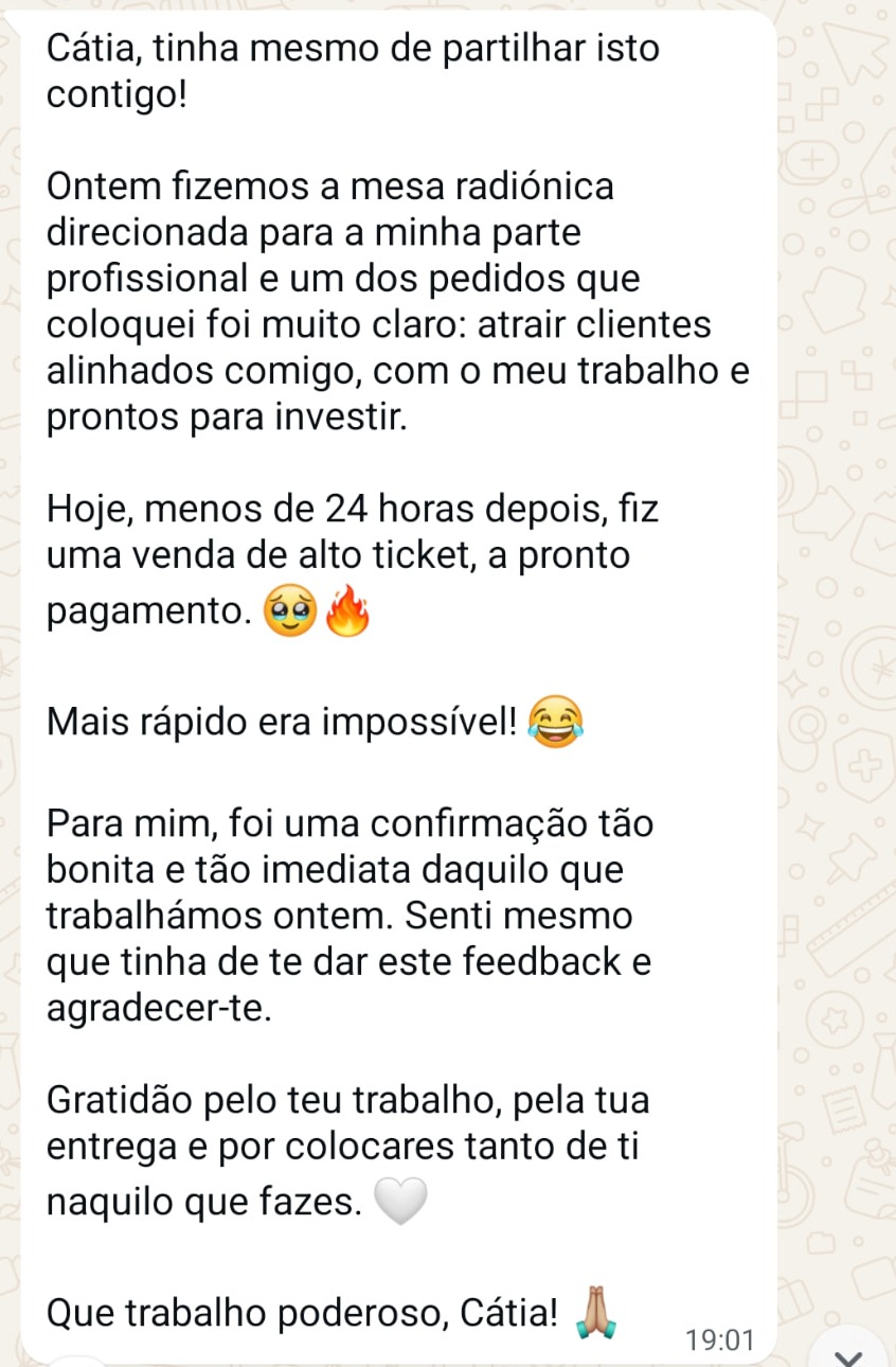 Mensagem de uma cliente sobre uma venda de alto ticket menos de 24 horas depois da sessão